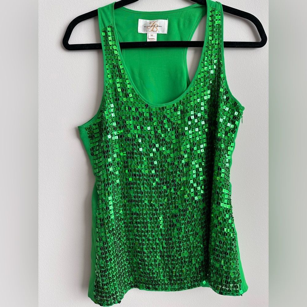 Julie Brown woman racer back tank sequin top green lined M